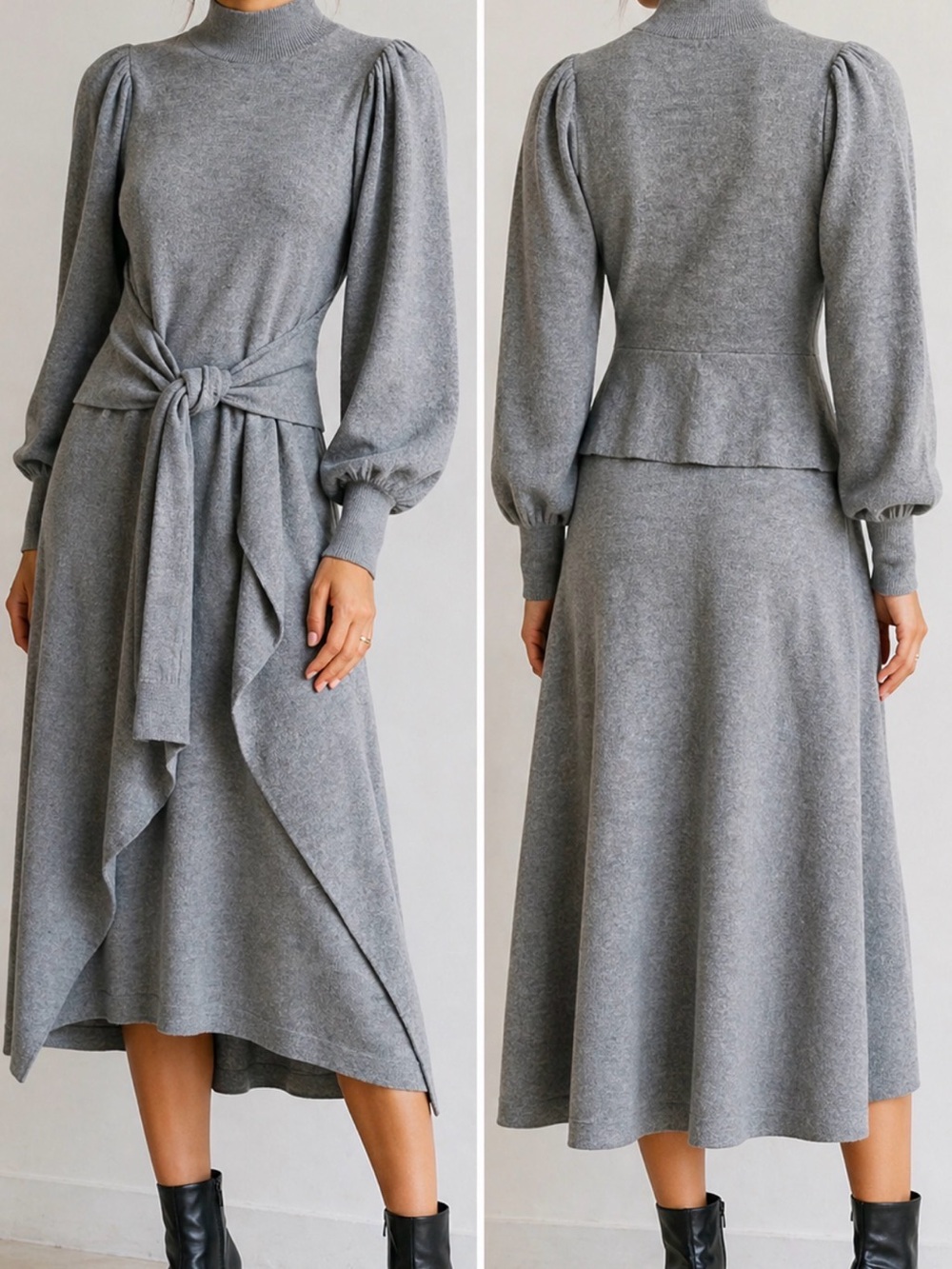 Ulla Johnson Gray Merino Wool Tie Waist Midi Dress Size S